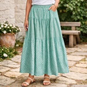 J. Jill Cotton Tiered Maxi Skirt Boho Green Blue Geometric A-Line Small